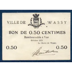 Bon ville Wassy 50 centimes, Sup, 10.1915 Pirot 52-33 Billet