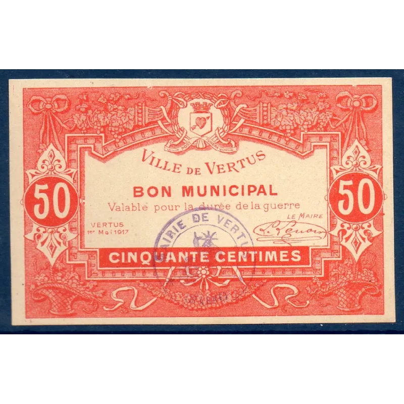 Bon municipal Vertus 50 centimes, Spl, 1.5.1917 Pirot 51-57 Billet Bon municipal Vertus 50 centimes, Spl, 1.5.1917 Pirot 51-57 Billet