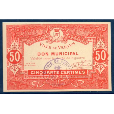 Bon municipal Vertus 50 centimes, Spl, 1.5.1917 Pirot 51-57 Billet