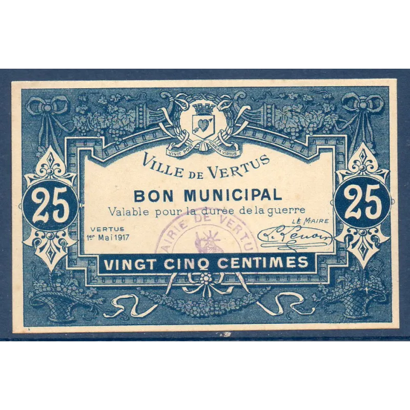 Bon municipal Vertus 25 centimes, Spl, 1.5.1917 Pirot 51-56 Billet Bon municipal Vertus 25 centimes, Spl, 1.5.1917 Pirot 51-56 Billet