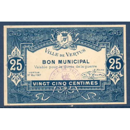 Bon municipal Vertus 25 centimes, Spl, 1.5.1917 Pirot 51-56 Billet