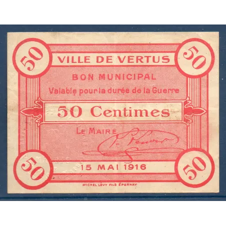 Bon municipal Vertus 50 centimes, TB, 15.5.1916 Pirot 51-54 Billet