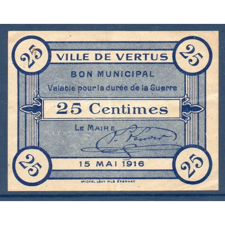 Bon municipal Vertus 25 centimes, TTB, 15.5.1916 Pirot 51-53 Billet