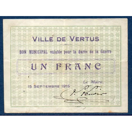 Bon municipal Vertus 1 franc, TB, 15.9.1915 Pirot 51-52 Billet