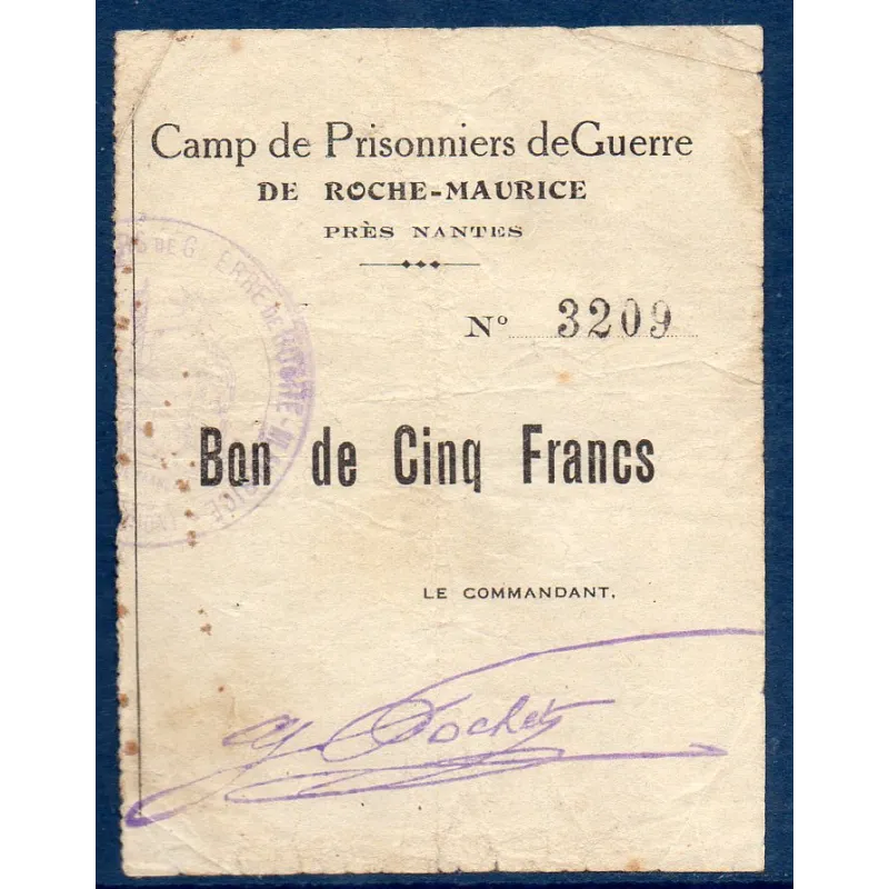 Bon Prisonnier de guerre Roche-Maurice 5 franc, TB, ND Pirot 44-15g Billet Bon Prisonnier de guerre Roche-Maurice 5 franc, TB, ND Pirot 44-15g Billet