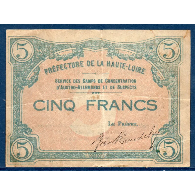 Bon Prisonnier de guerre Haute-Loire 5 franc, TB, 1.3.1916 Pirot 43-06b Billet