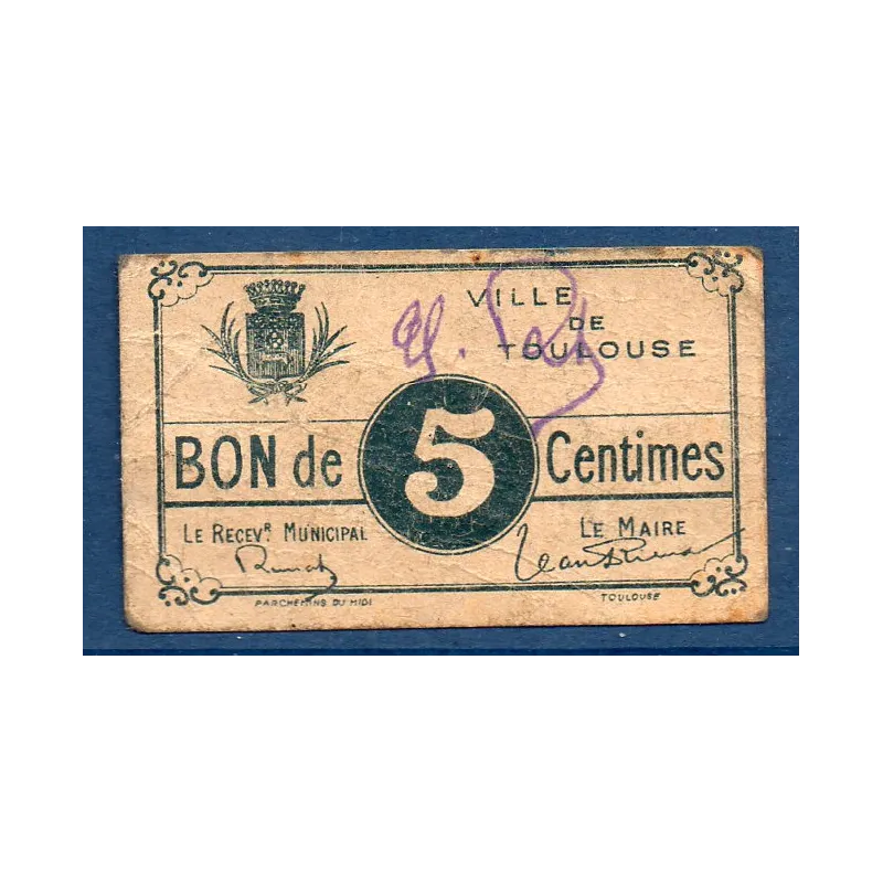 Bon ville Toulouse 5 centimes, TB, ND Pirot 31-179 Billet