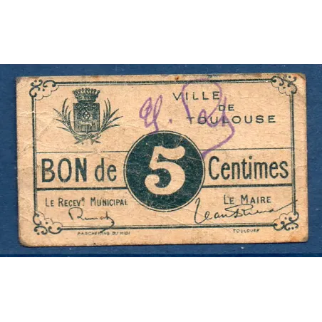 Bon ville Toulouse 5 centimes, TB, ND Pirot 31-179 Billet