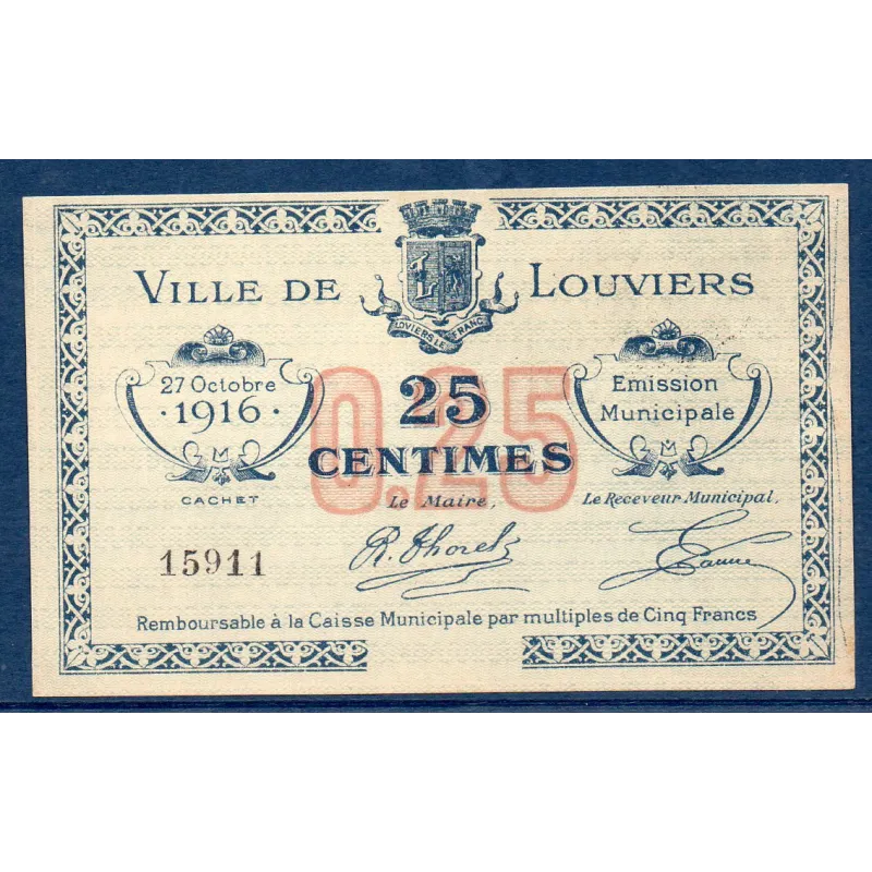 Bon ville Louviers 25 centimes, Spl, 27.10.1916 Pirot 27-14 Billet
