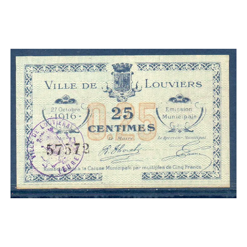 Bon ville Louviers 25 centimes, Neuf, 27.10.1916 Pirot 27-21 Billet Bon ville Louviers 25 centimes, Neuf, 27.10.1916 Pirot 27-21 Billet