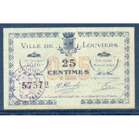 Bon ville Louviers 25 centimes, Neuf, 27.10.1916 Pirot 27-21 Billet