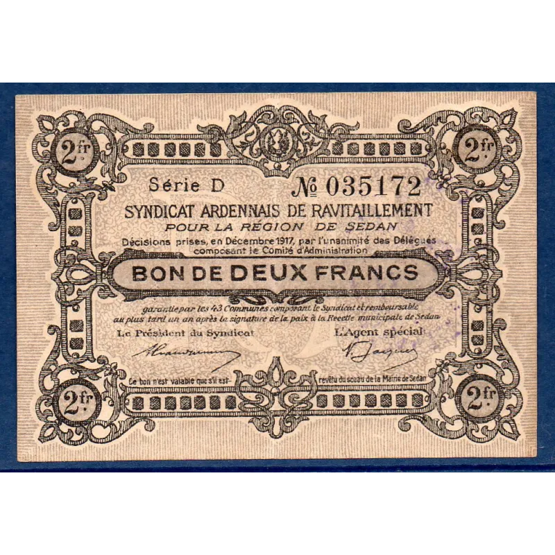 Bon région Sedan 2 francs, TTB, 12.1917 Pirot 08-304 Billet