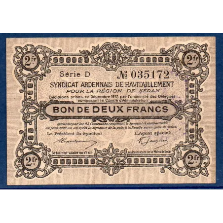 Bon région Sedan 2 francs, TTB, 12.1917 Pirot 08-304 Billet