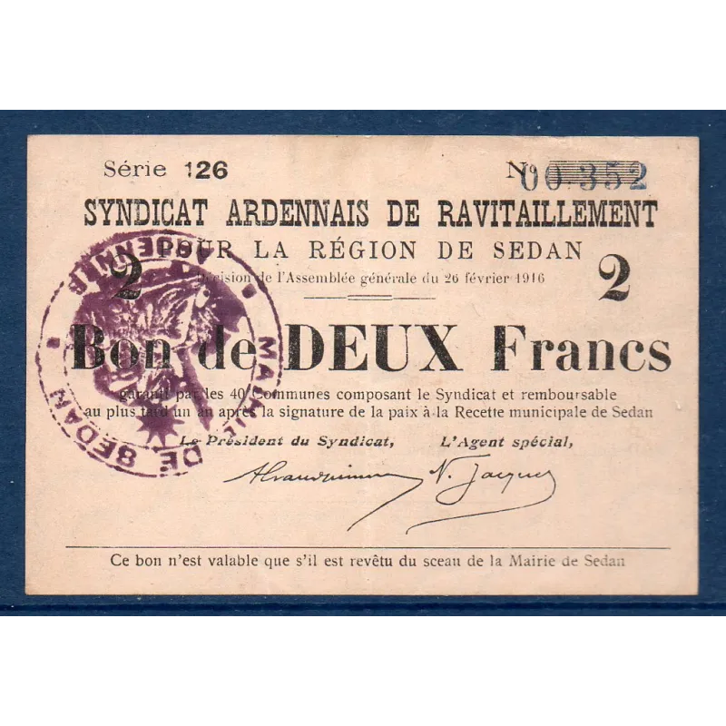 Bon région Sedan 2 francs, TTB, 26.2.1916 Pirot 08-284 Billet