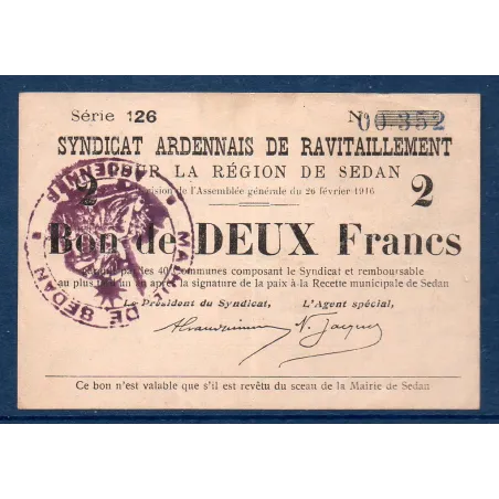 Bon région Sedan 2 francs, TTB, 26.2.1916 Pirot 08-284 Billet