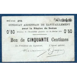 Bon région Sedan 50 centimes, TB, 26.2.1916 Pirot 08-282 Billet