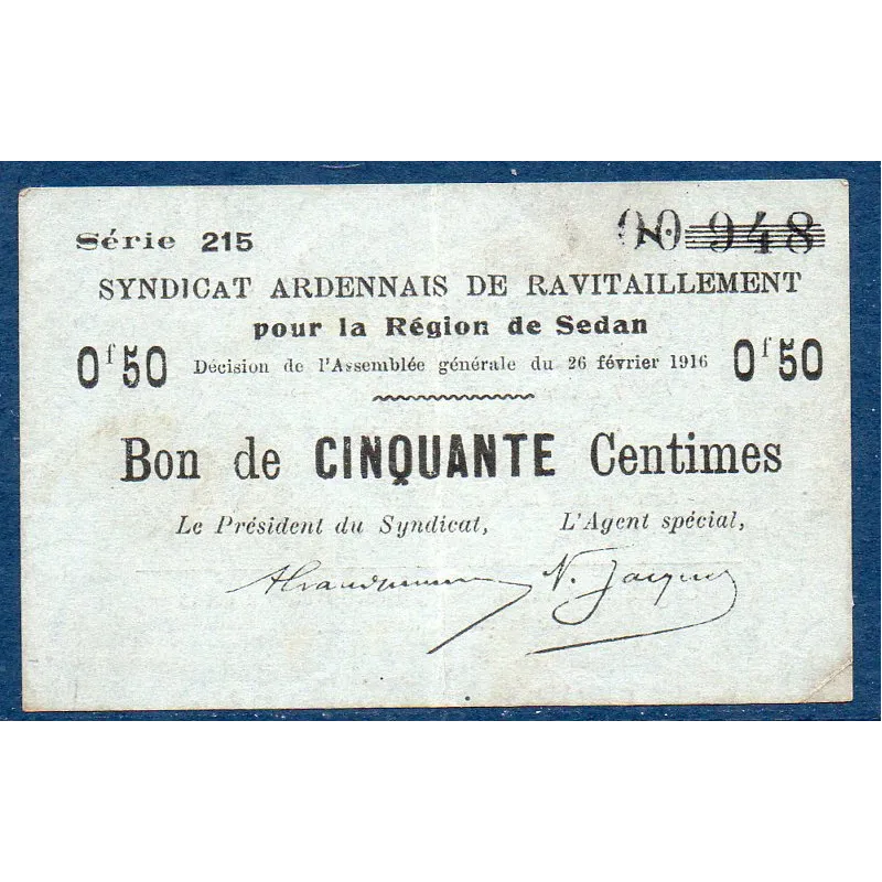 Bon région Sedan 50 centimes, TB, 26.2.1916 Pirot 08-282 Billet