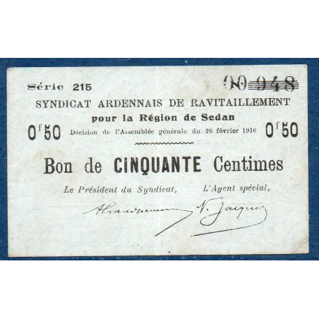 Bon région Sedan 50 centimes, TB, 26.2.1916 Pirot 08-282 Billet