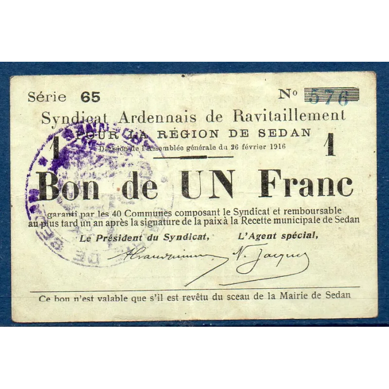 Bon région Sedan 1 franc, TB, 26.2.1916 Pirot 08-283 Billet