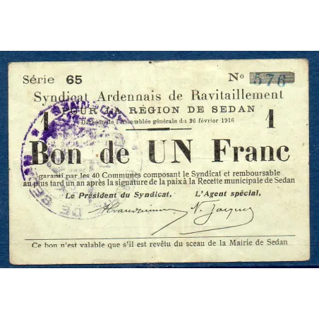 Bon région Sedan 1 franc, TB, 26.2.1916 Pirot 08-283 Billet