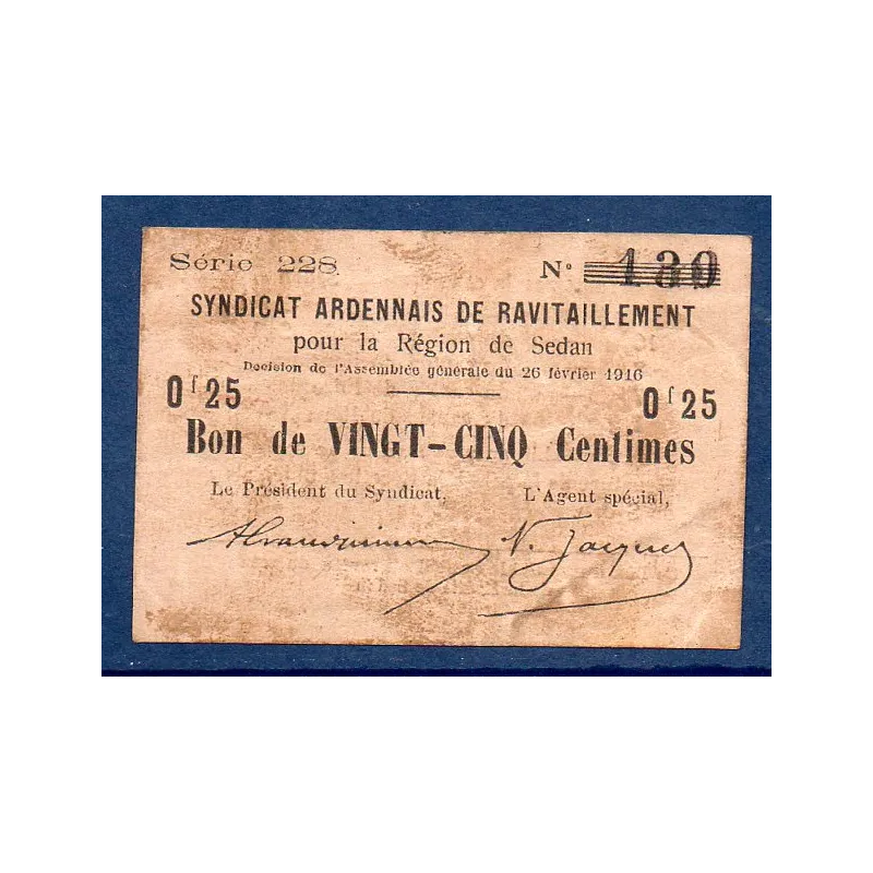 Bon région Sedan 25 centimes, TB, 26.2.1916 Pirot 08-281 Billet