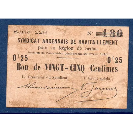 Bon région Sedan 25 centimes, TB, 26.2.1916 Pirot 08-281 Billet