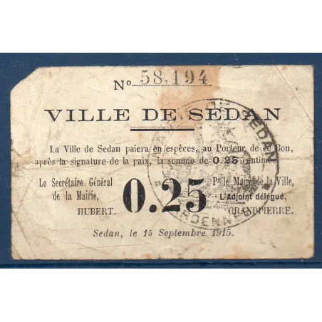 Bon ville Sedan 25 centimes, AB, 15.9.1915 Pirot 08-274 Billet