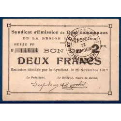Bon région Rimogne 2 francs, TTB, 19.11.1917 Pirot 08-216 Billet