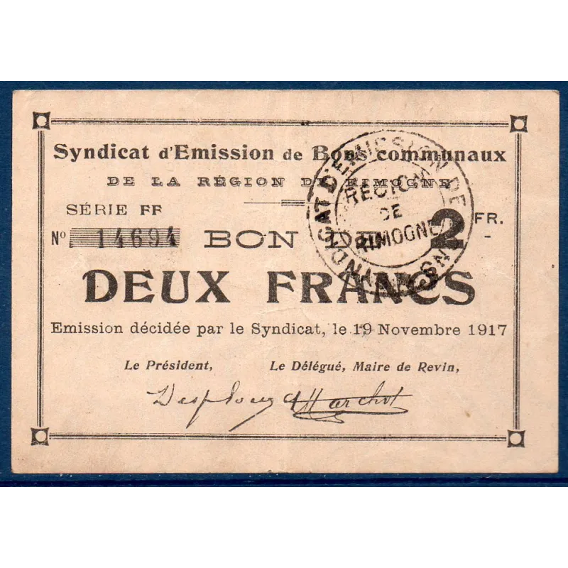 Bon région Rimogne 2 francs, TTB, 19.11.1917 Pirot 08-216 Billet