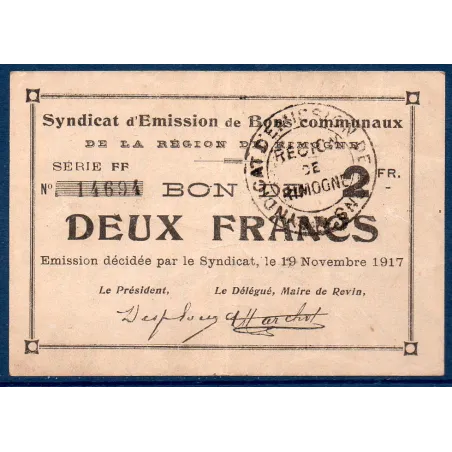 Bon région Rimogne 2 francs, TTB, 19.11.1917 Pirot 08-216 Billet