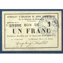 Bon région Rimogne 1 franc, TB, 30.6.1916 Pirot 08-197 Billet