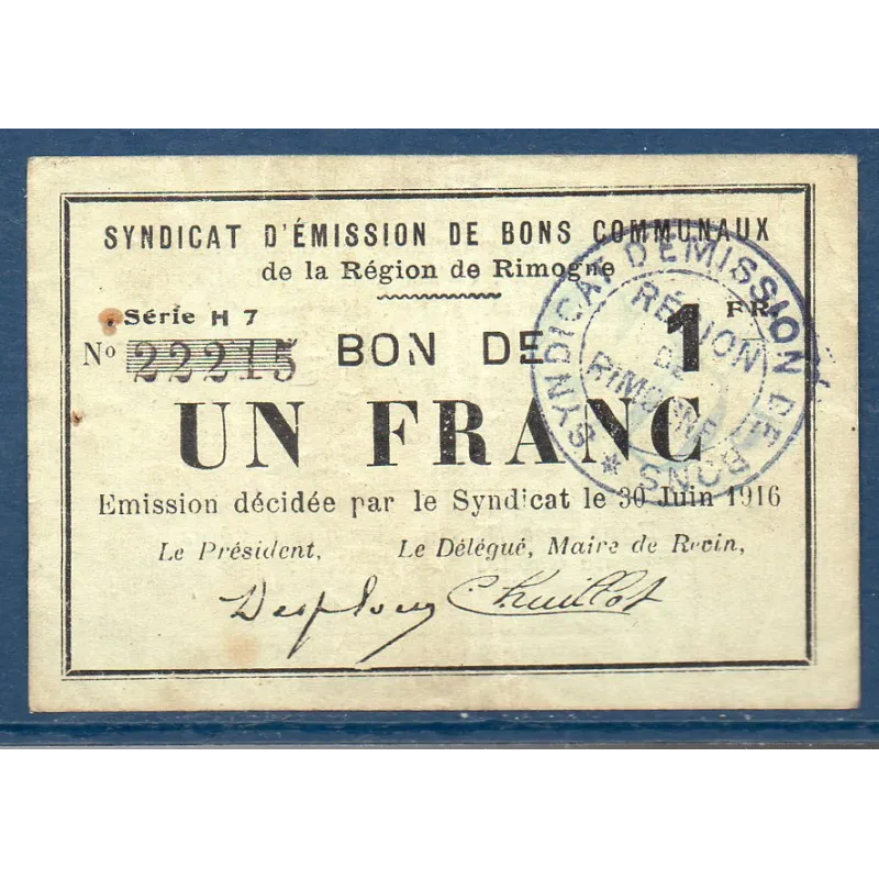Bon région Rimogne 1 franc, TB, 30.6.1916 Pirot 08-197 Billet Bon région Rimogne 1 franc, TB, 30.6.1916 Pirot 08-197 Billet