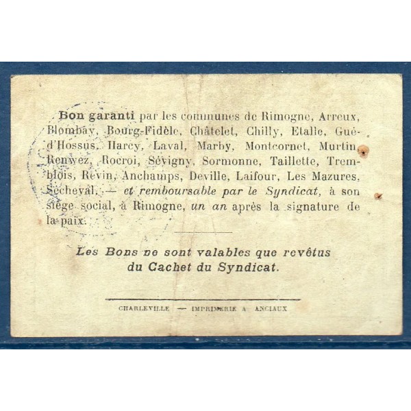 Bon région Rimogne 1 franc, TB, 30.6.1916 Pirot 08-197 Billet