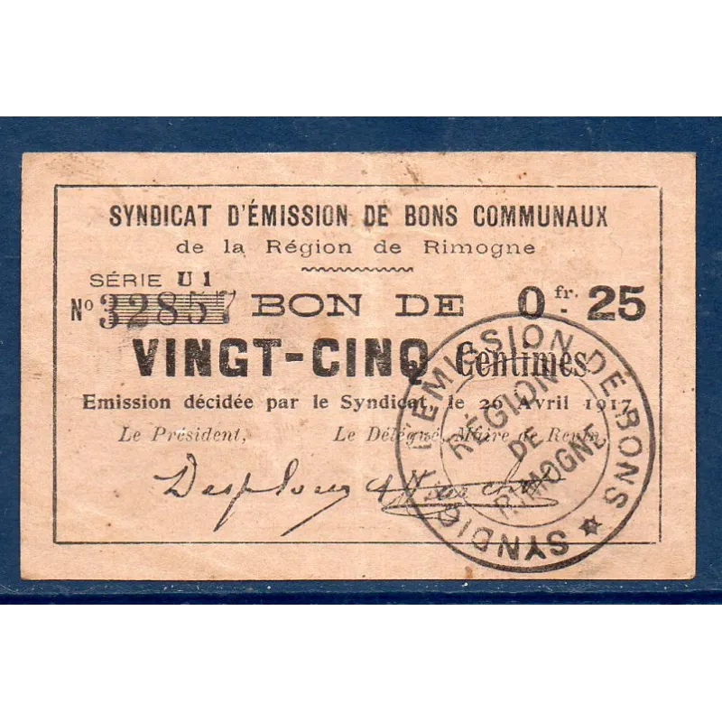 Bon région Rimogne 25 centimes, TTB, 26.4.1917 Pirot 08-202 Billet