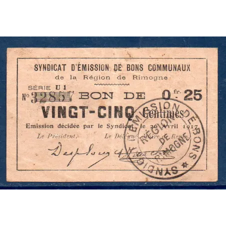 Bon région Rimogne 25 centimes, TTB, 26.4.1917 Pirot 08-202 Billet