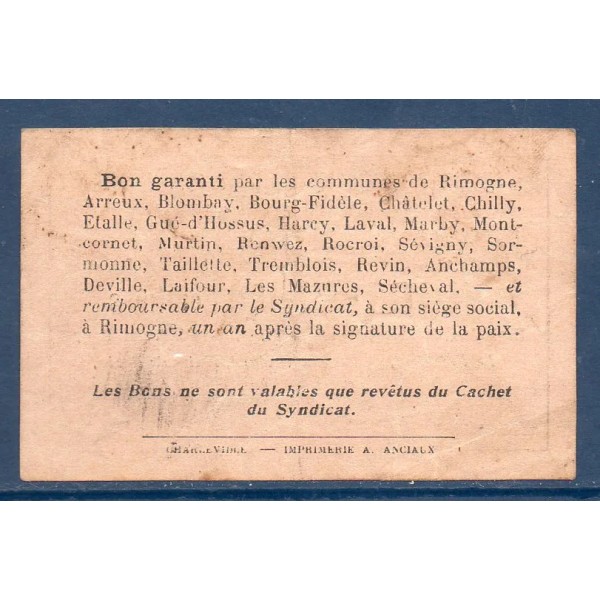 Bon région Rimogne 25 centimes, TTB, 26.4.1917 Pirot 08-202 Billet