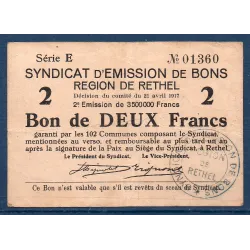 Bon région Rethel 2 francs, TTB-, 21.4.1917 Pirot 08-175 Billet