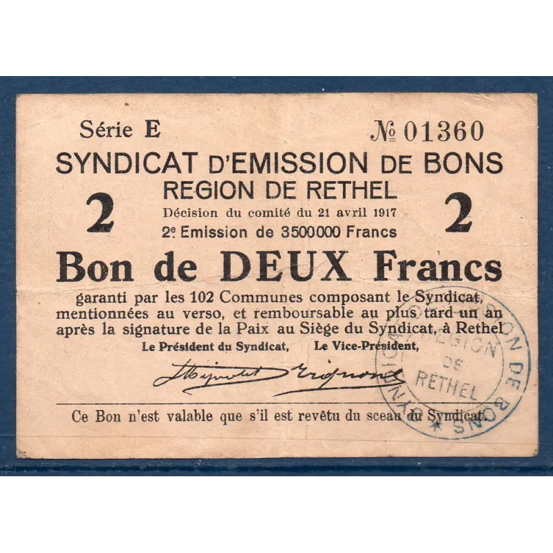Bon région Rethel 2 francs, TTB-, 21.4.1917 Pirot 08-175 Billet Bon région Rethel 2 francs, TTB-, 21.4.1917 Pirot 08-175 Billet