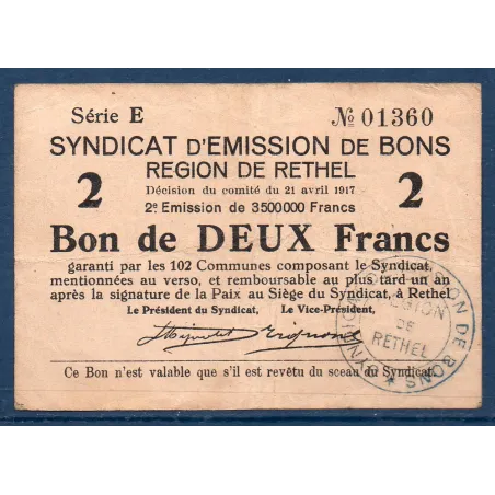 Bon région Rethel 2 francs, TTB-, 21.4.1917 Pirot 08-175 Billet