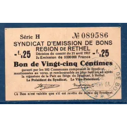 Bon région Rethel 25 centimes, Sup, 21.4.1917 Pirot 08-172 Billet