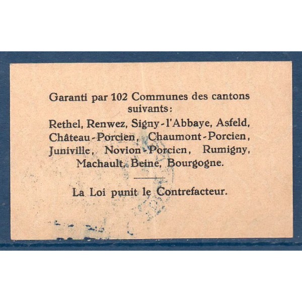 Bon région Rethel 25 centimes, Sup, 21.4.1917 Pirot 08-172 Billet