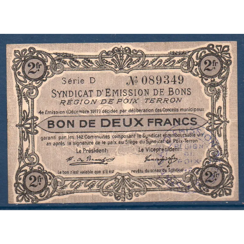Bon région Poix-Terron 2 francs, TTB, 12.1917 Pirot 08-158 Billet Bon région Poix-Terron 2 francs, TTB, 12.1917 Pirot 08-158 Billet