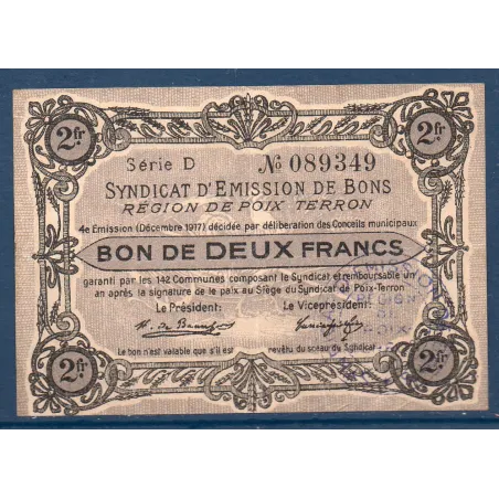 Bon région Poix-Terron 2 francs, TTB, 12.1917 Pirot 08-158 Billet