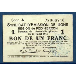 Bon région Poix-Terron 1 franc, TB, 10.7.1916 Pirot 08-139 Billet