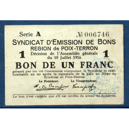 Bon région Poix-Terron 1 franc, TB, 10.7.1916 Pirot 08-139 Billet