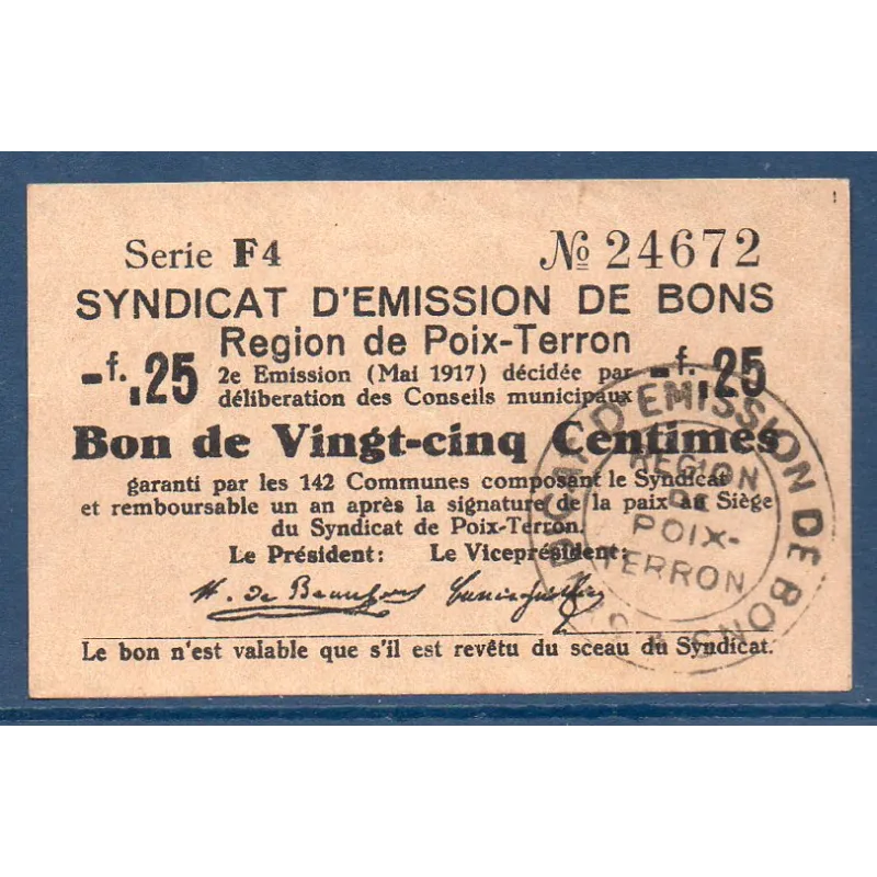 Bon région Poix-Terron 25 centimes, Spl, 05.1917 Pirot 08-144 Billet Bon région Poix-Terron 25 centimes, Spl, 05.1917 Pirot 08-144 Billet