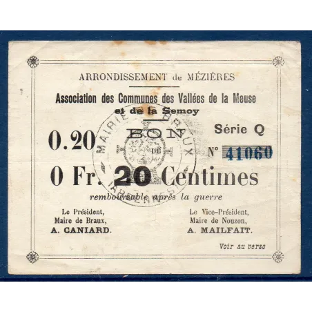 Bon Arrondissement de Mézière (Braux) 20 centimes, TB, 18.11.1914 Pirot 08-54 Billet