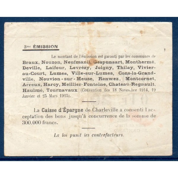 Bon Arrondissement de Mézière (Braux) 20 centimes, TB, 18.11.1914 Pirot 08-54 Billet