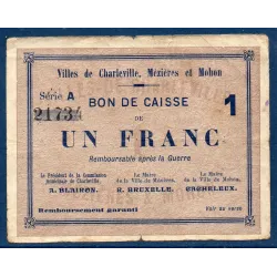 Bon ville Charleville, Mézières et Mohon 1 franc, TB, 3.7.1915 Pirot 08-101 Billet