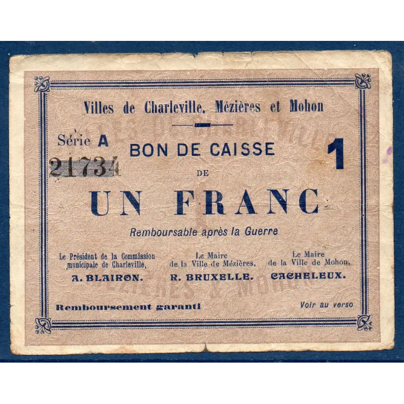 Bon ville Charleville, Mézières et Mohon 1 franc, TB, 3.7.1915 Pirot 08-101 Billet Bon ville Charleville, Mézières et Mohon 1 franc, TB, 3.7.1915 Pirot 08-101 Billet